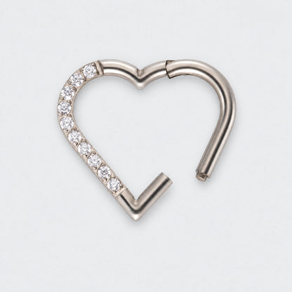 Heart Shaped with Left Facing CZ Segment Clicker Ring in Silver - Titanium