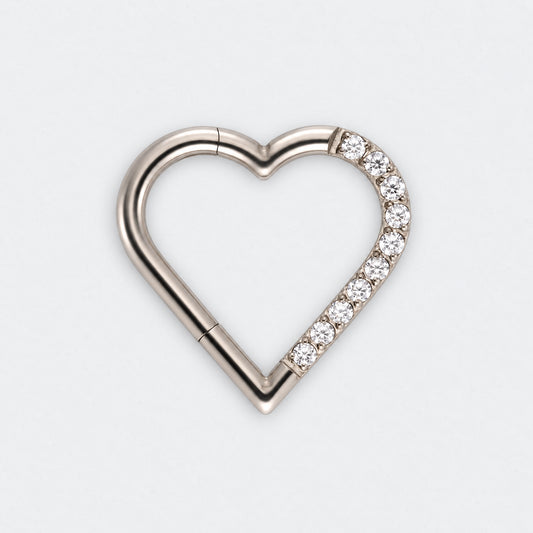 Heart Shaped with Right Facing CZ Segment Clicker Ring in Silver - Titanium