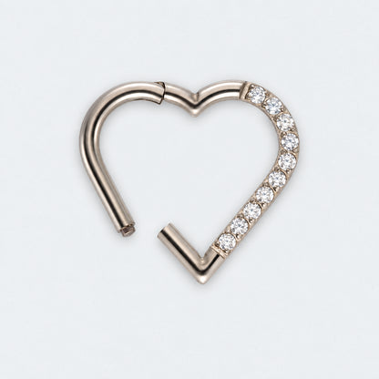 Heart Shaped with Right Facing CZ Segment Clicker Ring in Silver - Titanium
