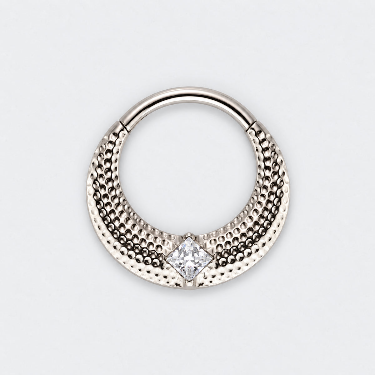 Large Bumped Cut with CZ Centre Hinged Segment Hoop Clicker Ring in Silver - Titanium