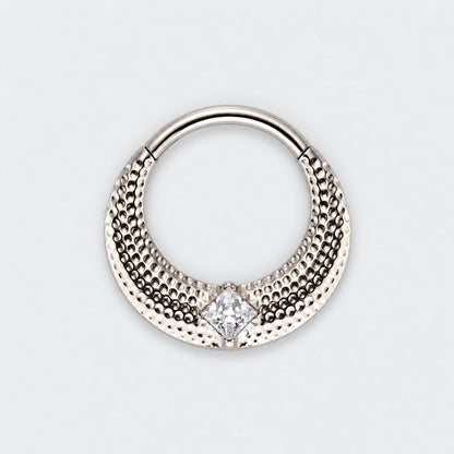Large Bumped Cut with CZ Centre Hinged Segment Hoop Clicker Ring in Silver - Titanium
