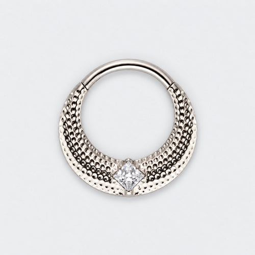 Large Bumped Cut with CZ Centre Hinged Segment Hoop Clicker Ring in Silver - Titanium