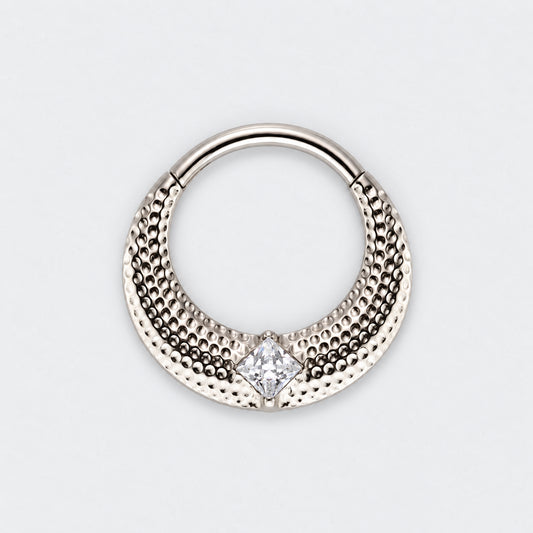 Large Bumped Cut with CZ Centre Hinged Segment Hoop Clicker Ring in Silver - Titanium