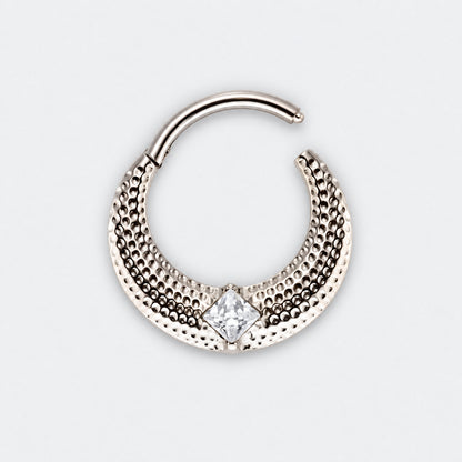 Large Bumped Cut with CZ Centre Hinged Segment Hoop Clicker Ring in Silver - Titanium