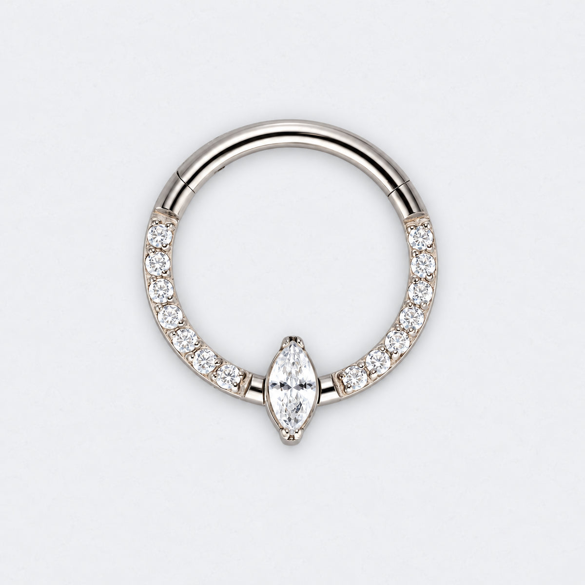 Marquise Stone Centre CZ Front Face Paved Hinged Segment Clicker Ring in Silver - Titanium