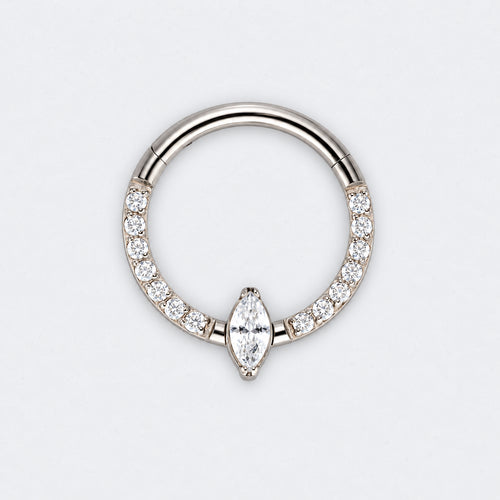 Marquise Stone Centre CZ Front Face Paved Hinged Segment Clicker Ring in Silver - Titanium