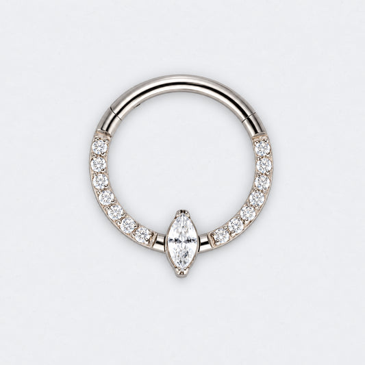 Marquise Stone Centre CZ Front Face Paved Hinged Segment Clicker Ring in Silver - Titanium