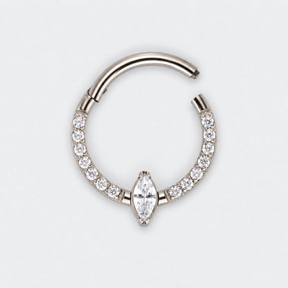 Marquise Stone Centre CZ Front Face Paved Hinged Segment Clicker Ring in Silver - Titanium