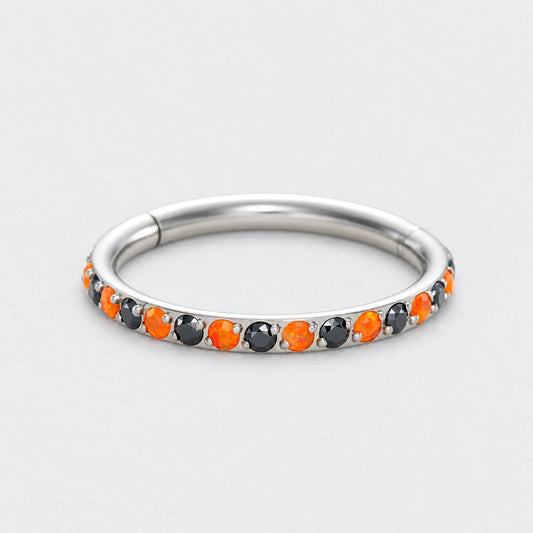 Orange and Black Side Facing Paved Hinged Segment Hoop Ring in Silver - Titanium