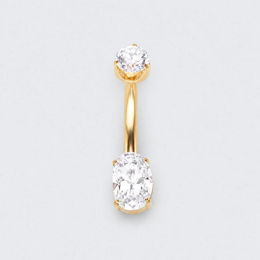 Oval Cut Prong Set CZ Belly Bar in Gold - Titanium