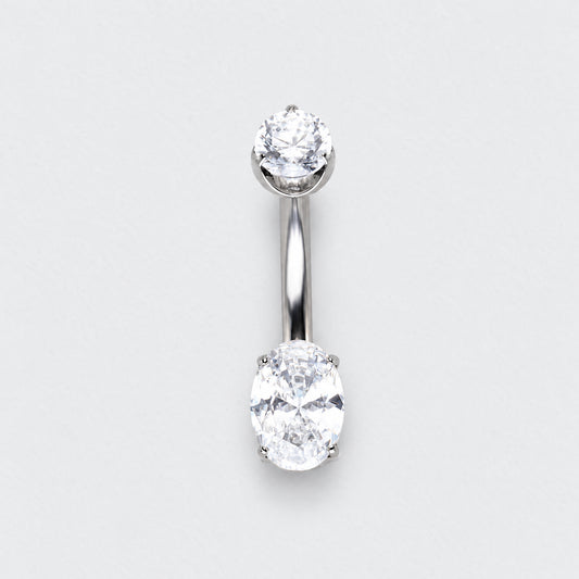 Oval Cut Prong Set CZ Belly Bar in Silver - Titanium