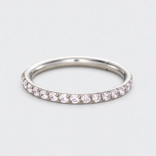 Pink CZ Side Facing Paved Hinged Segment Hoop Ring in Silver - Titanium