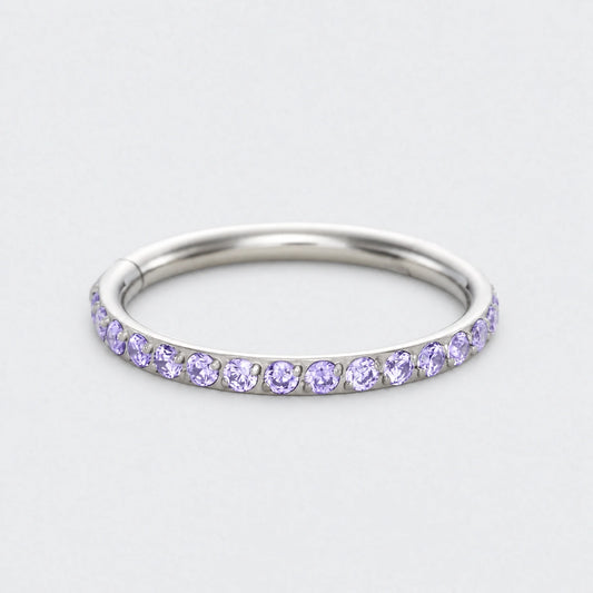 Purple CZ Side Facing Paved Hinged Segment Hoop Ring in Silver - Titanium