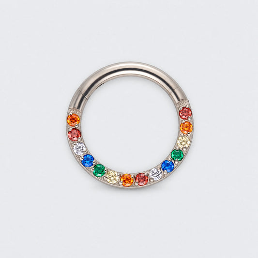Rainbow CZ Front Facing Segment Clicker Ring in Silver - Titanium