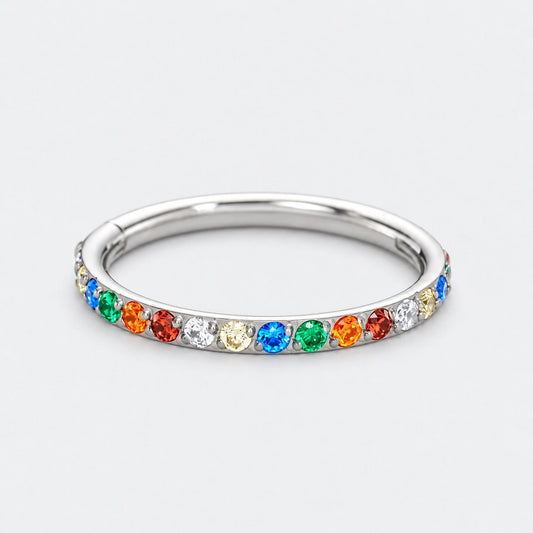 Rainbow CZ Side Facing Paved Hinged Segment Hoop Ring in Silver - Titanium