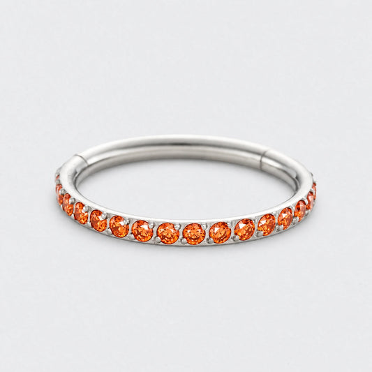 Red CZ Side Facing Paved Hinged Segment Hoop Ring in Silver - Titanium