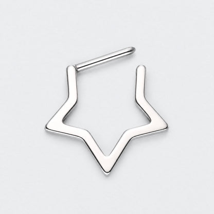 A silver-toned metal nose stud with a geometric, open star-like outline design, shown on a clean light gray background.