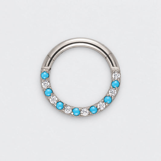 Turquoise & CZ Front Facing Segment Clicker Ring in Silver - Titanium