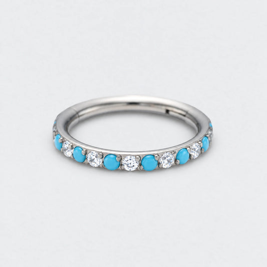 Turquoise & CZ Paved Side Facing Hinged Segment Clicker Ring in Silver - Titanium