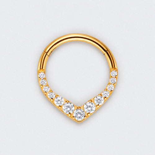 V Shape Teardrop CZ Front Facing Segment Hoop Ring in Gold - Titanium