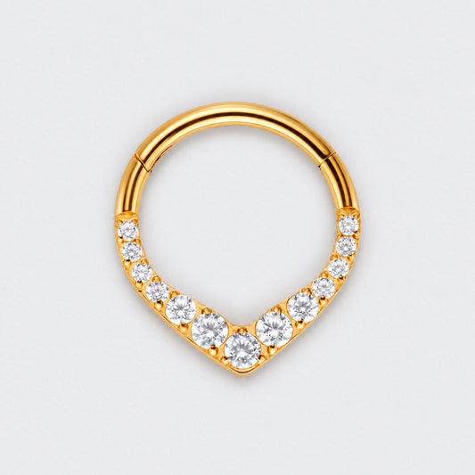 V Shape Teardrop CZ Front Facing Segment Hoop Ring in Gold - Titanium