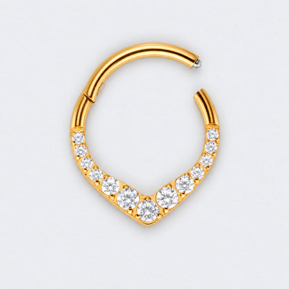 V Shape Teardrop CZ Front Facing Segment Hoop Ring in Gold - Titanium