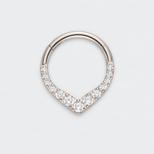 V Shape Teardrop CZ Front Facing Segment Hoop Ring in Silver - Titanium
