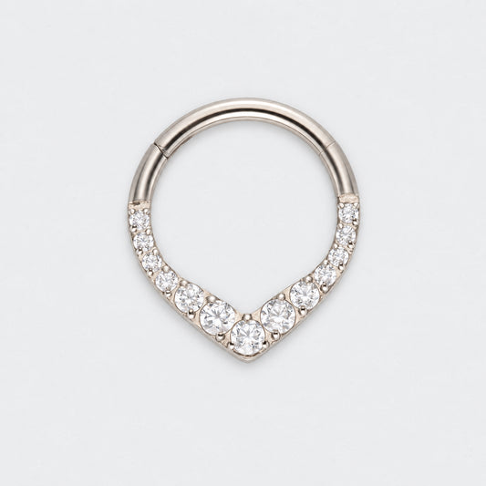 V Shape Teardrop CZ Front Facing Segment Hoop Ring in Silver - Titanium