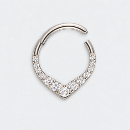 V Shape Teardrop CZ Front Facing Segment Hoop Ring in Silver - Titanium
