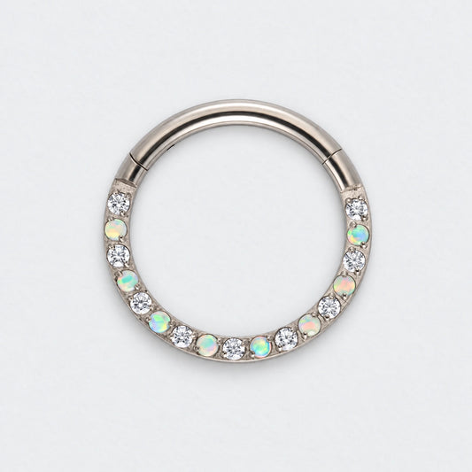 White Opal & Clear CZ Front Facing Hinged Segment Clicker Ring in Silver - Titanium