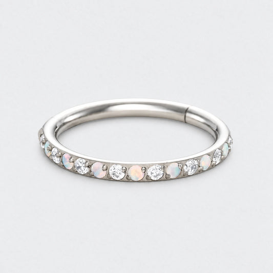 White Opal and Clear CZ Side Facing Paved Hinged Segment Hoop Ring in Silver - Titanium