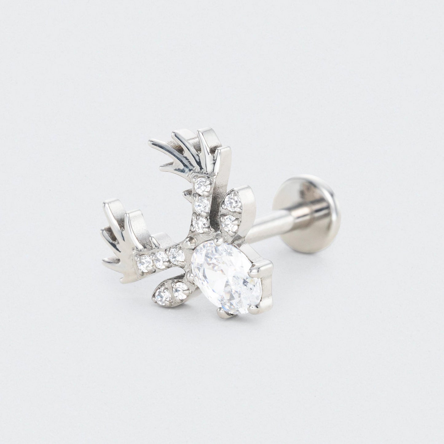 Christmas Rudolf Reindeer with CZ Centre Labret in Silver - Titanium