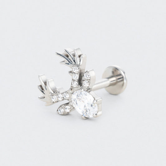 Christmas Rudolf Reindeer with CZ Centre Labret in Silver - Titanium
