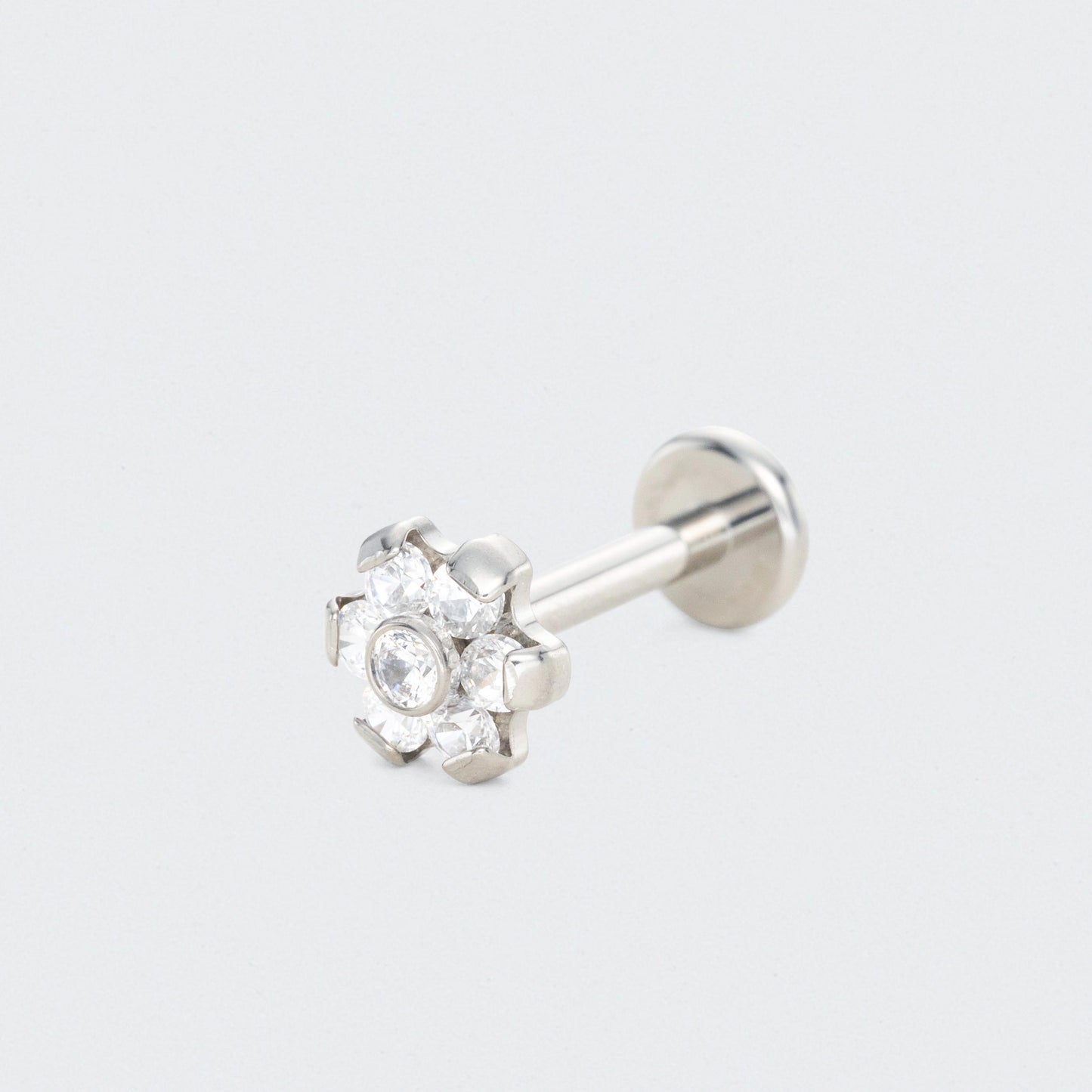 Bezel Flower CZ Labret in Silver - Titanium