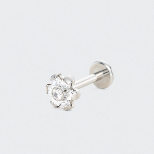 Bezel Flower CZ Labret in Silver - Titanium