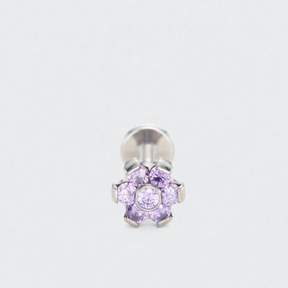 Bezel Flower Purple CZ Labret in Silver - Titanium