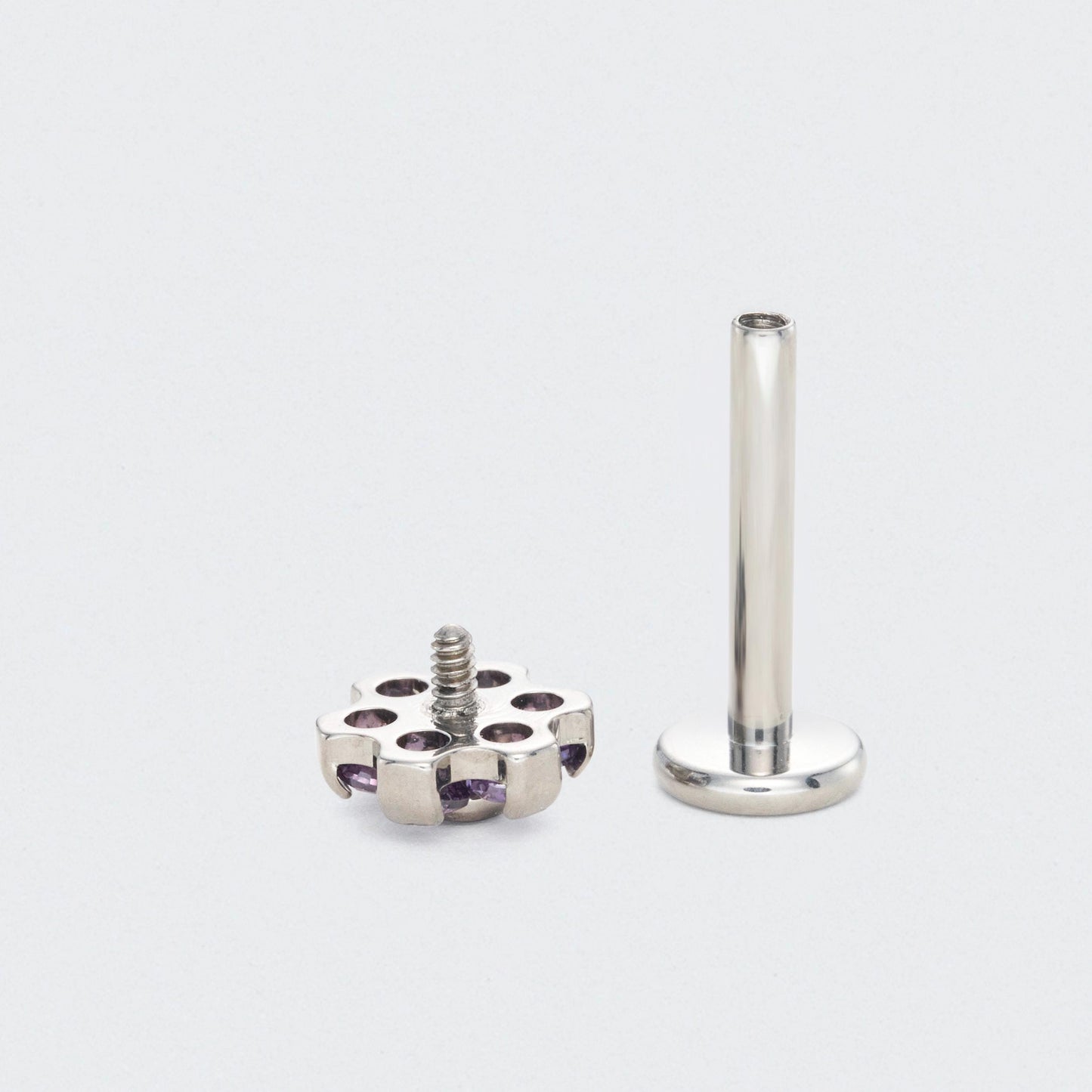Bezel Flower Purple CZ Labret in Silver - Titanium