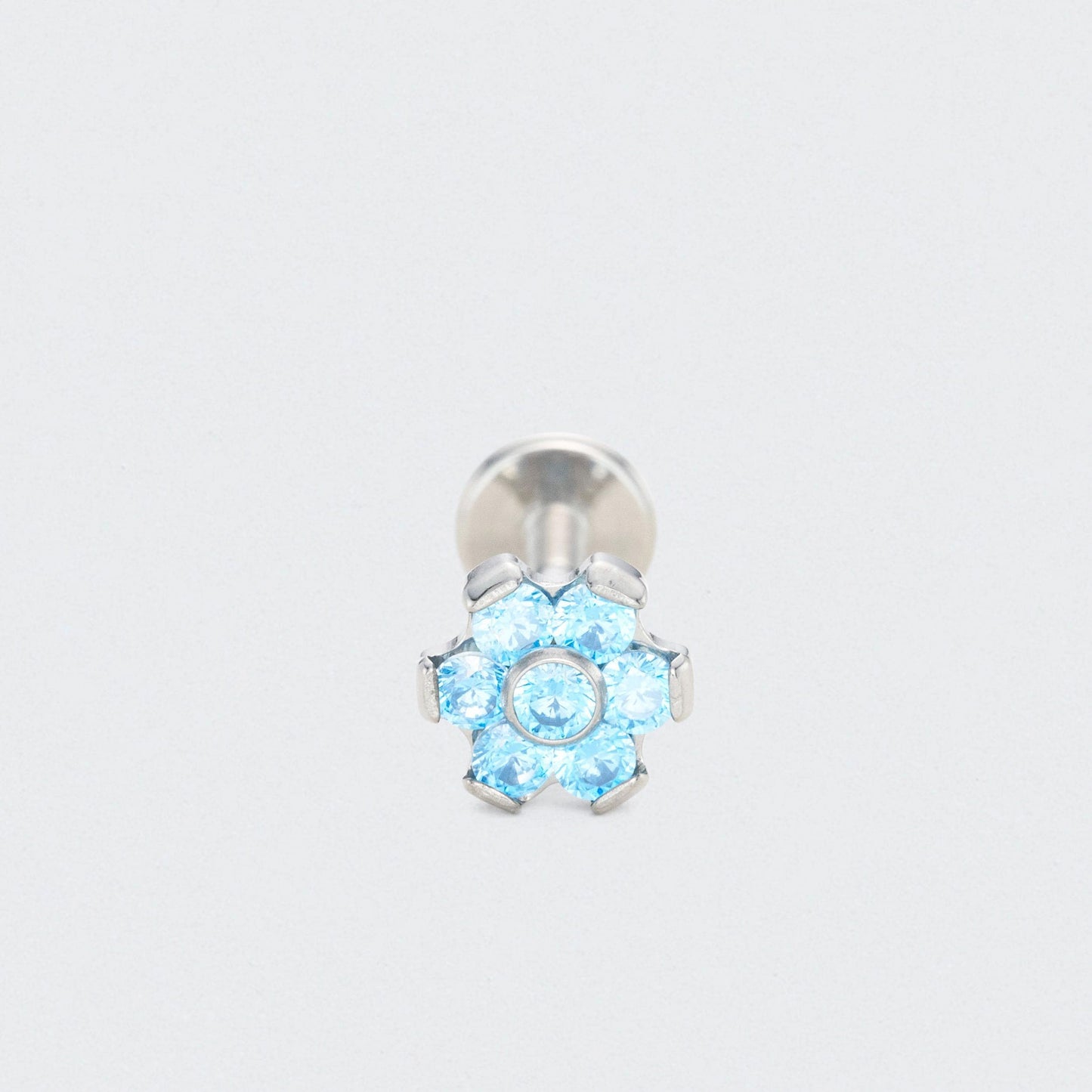 Bezel Flower Aqua CZ Labret in Silver - Titanium