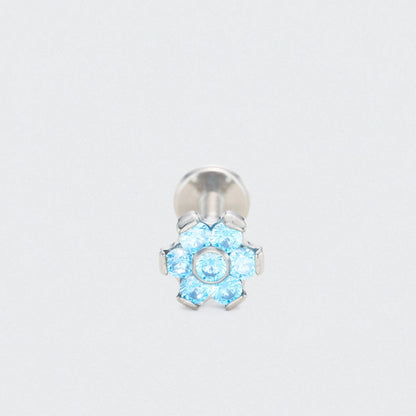 Bezel Flower Aqua CZ Labret in Silver - Titanium