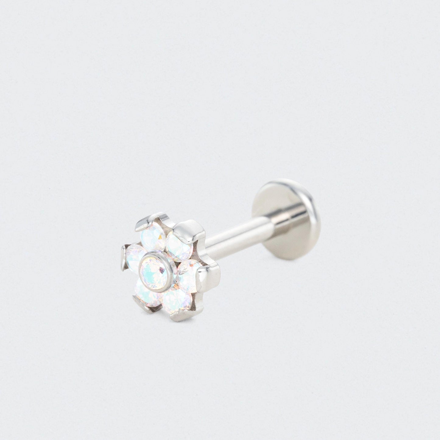 Bezel Flower Aurora CZ Labret in Silver - Titanium