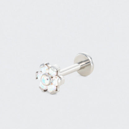 Bezel Flower Aurora CZ Labret in Silver - Titanium