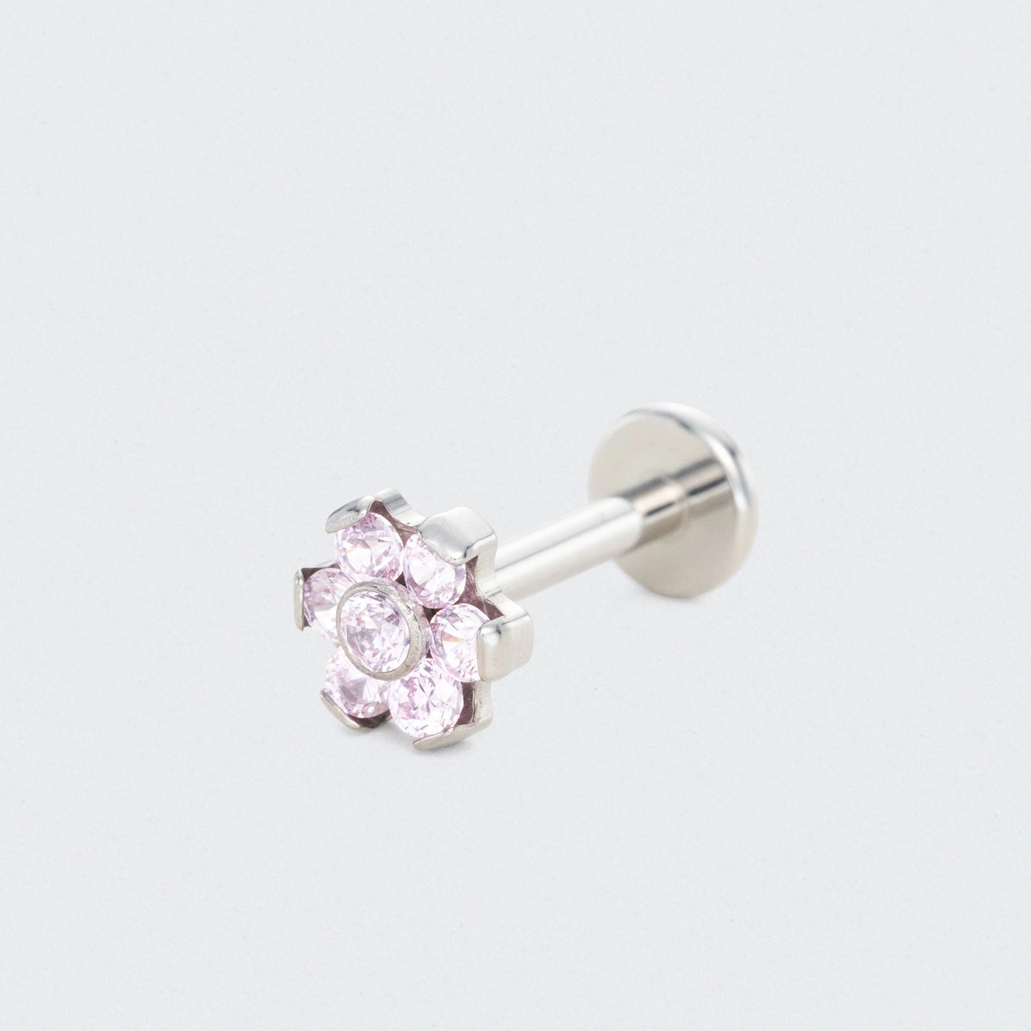 Bezel Flower Pink CZ Labret in Silver - Titanium