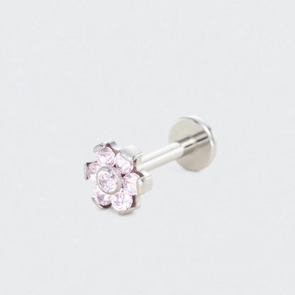 Bezel Flower Pink CZ Labret in Silver - Titanium