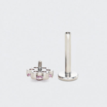 Bezel Flower Pink CZ Labret in Silver - Titanium