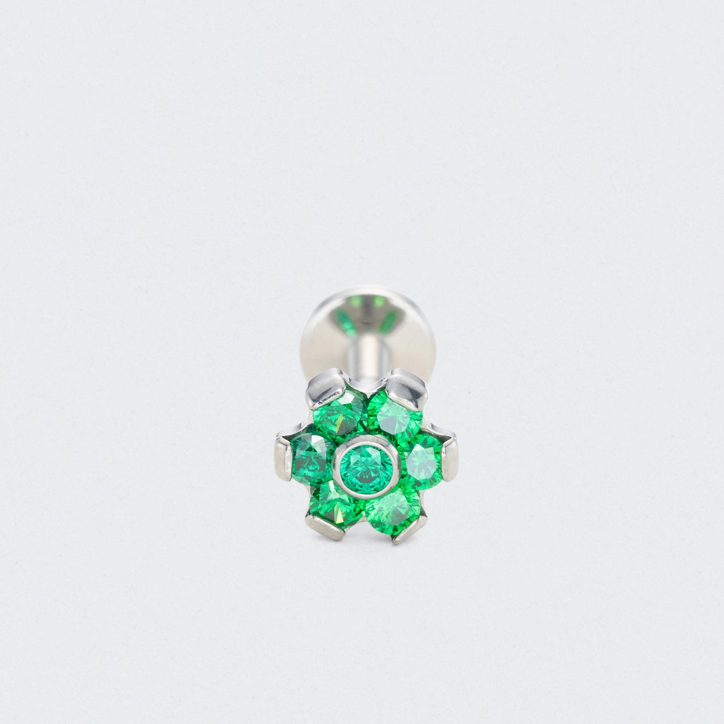 Bezel Flower Green CZ Labret in Silver - Titanium