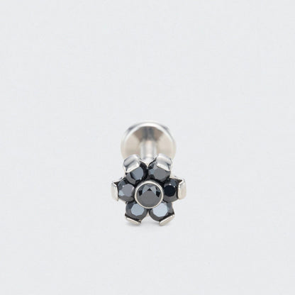 Bezel Flower Black CZ Labret in Silver - Titanium