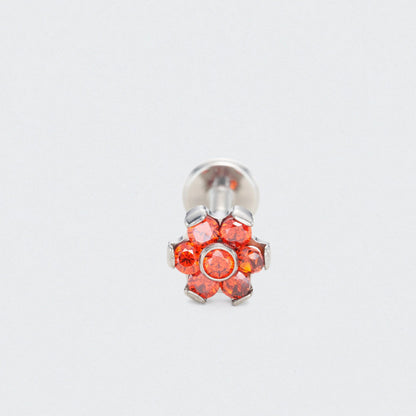 Bezel Flower Red CZ Labret in Silver - Titanium