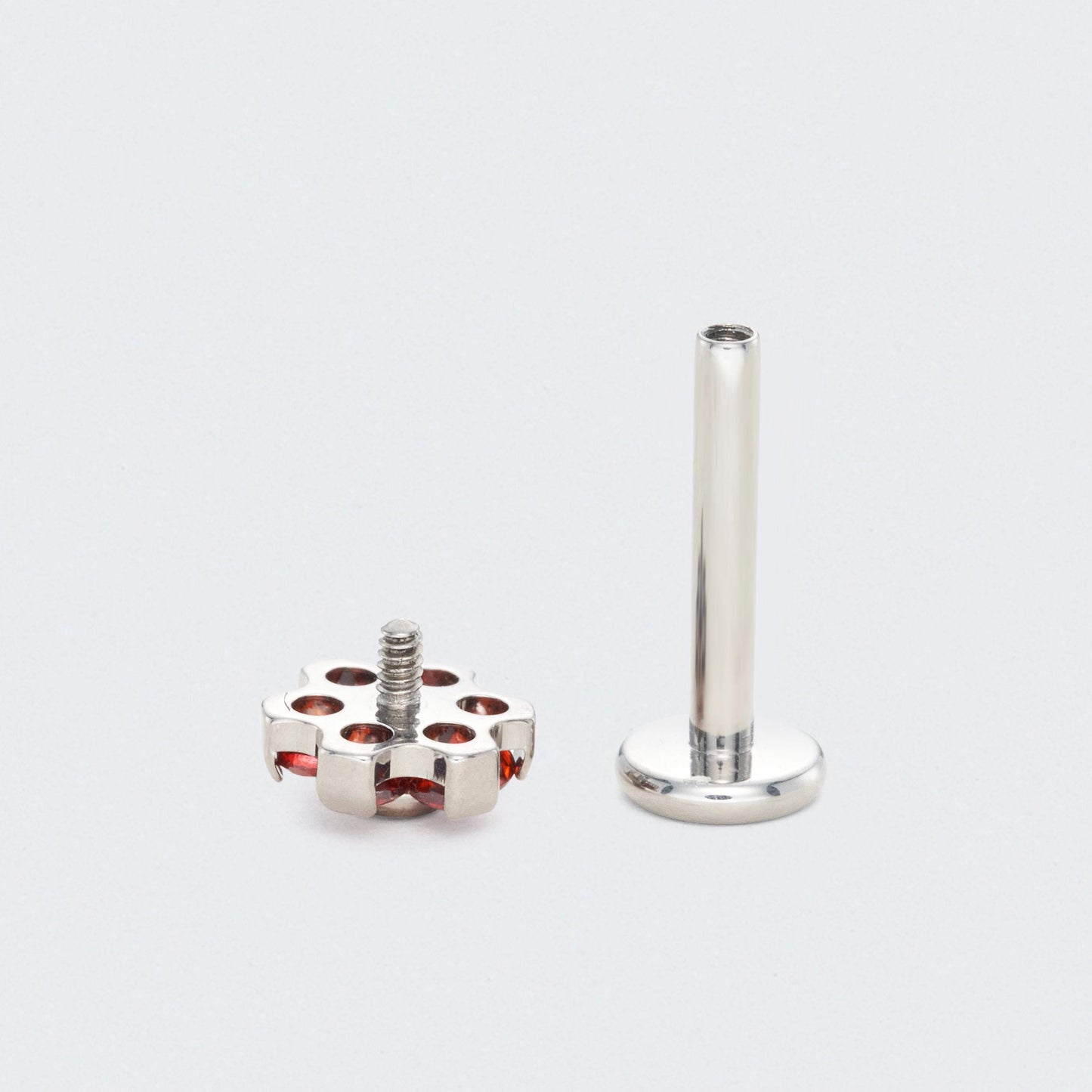 Bezel Flower Red CZ Labret in Silver - Titanium