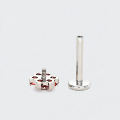 Bezel Flower Red CZ Labret in Silver - Titanium
