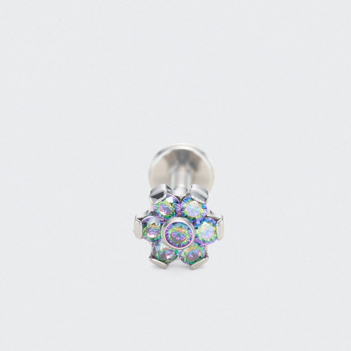 Bezel Flower Rainbow CZ Labret in Silver - Titanium